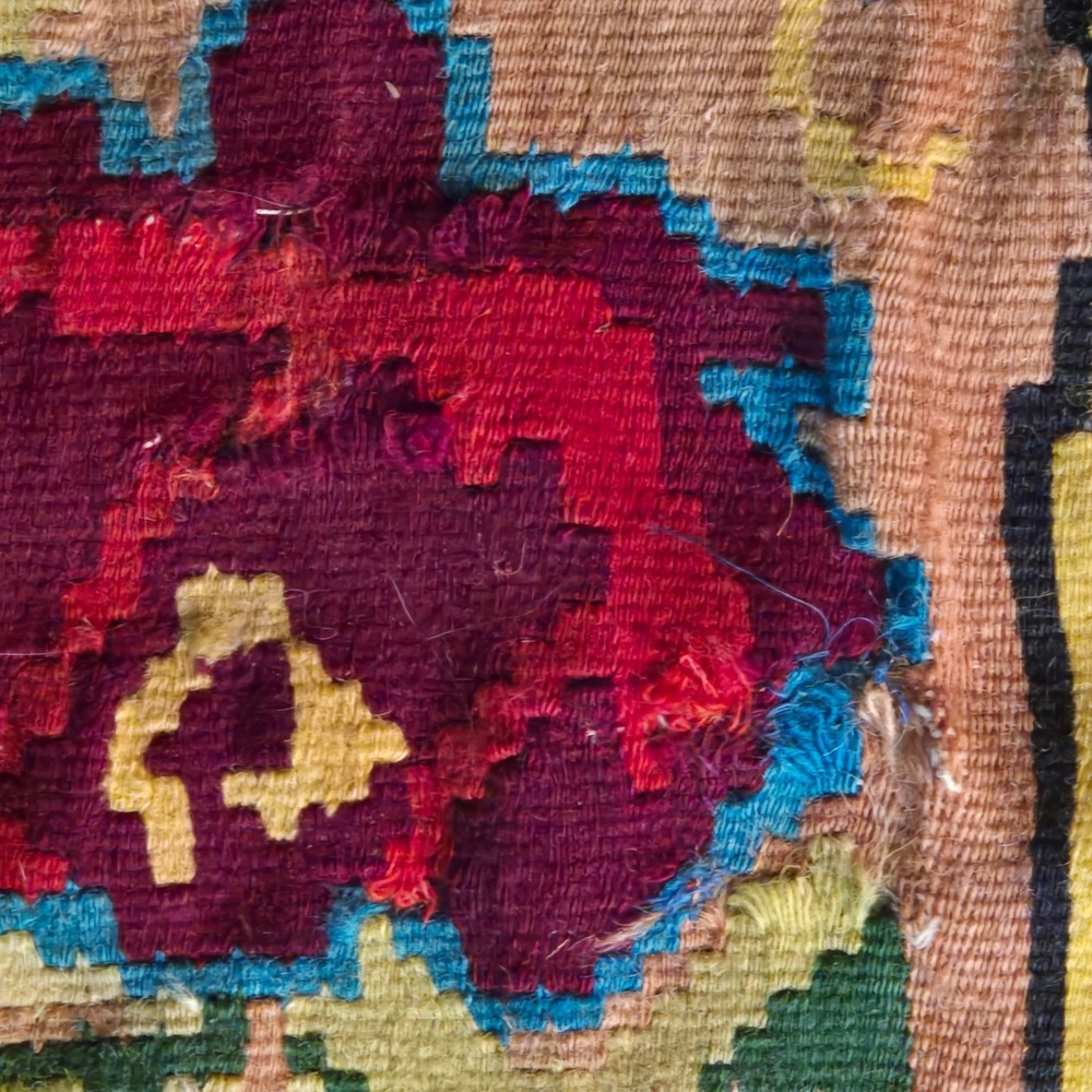 Vintage Handwoven Kilim Rug Floral Medallion Turquoise Tan Boho Flatweave Fringe - Picture 5 of 16